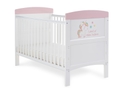 White cot bed with colourful unicorn design, teething rails included, 3 base height options