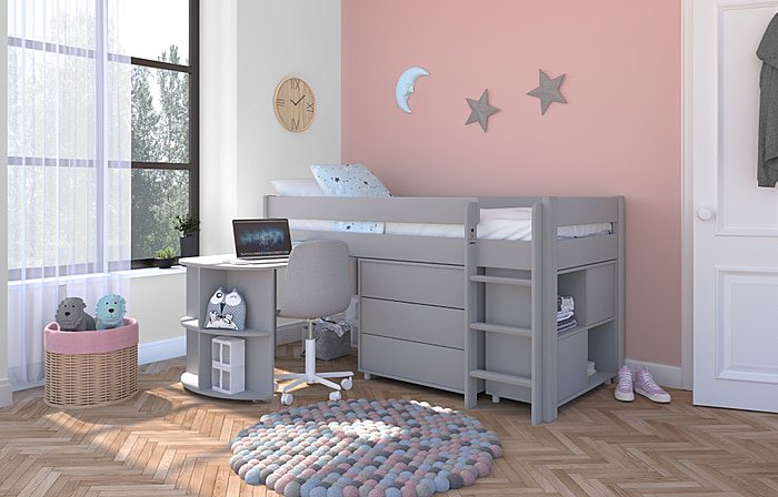Stompa Uno Grey Midsleeper With Pull Out Desk And 3 Drawer Chest And Cube Unit