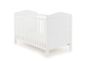 White wooden coastal themed cot bed, with grooved panels. Comes with open changing unit and single wardrobe