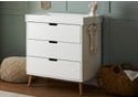 Scandinavian style 3 drawer changing unit in white with natural finish legs. Changer top can be removed leaving a stylish set of drawers.