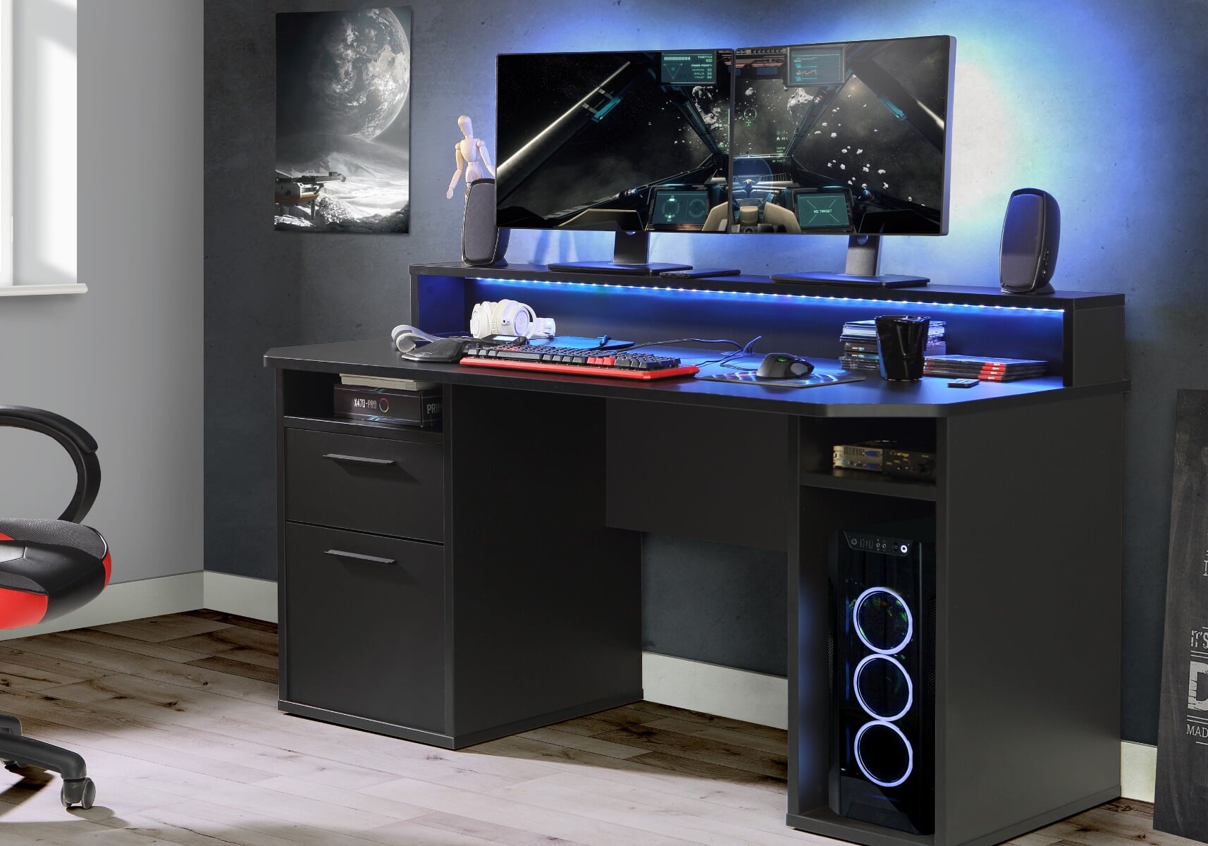 Corner gaming deals desk with drawers